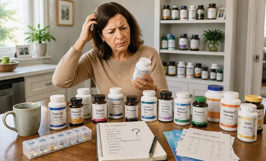 A woman at her kitchen table surrounded by supplement bottles, looking unsure.