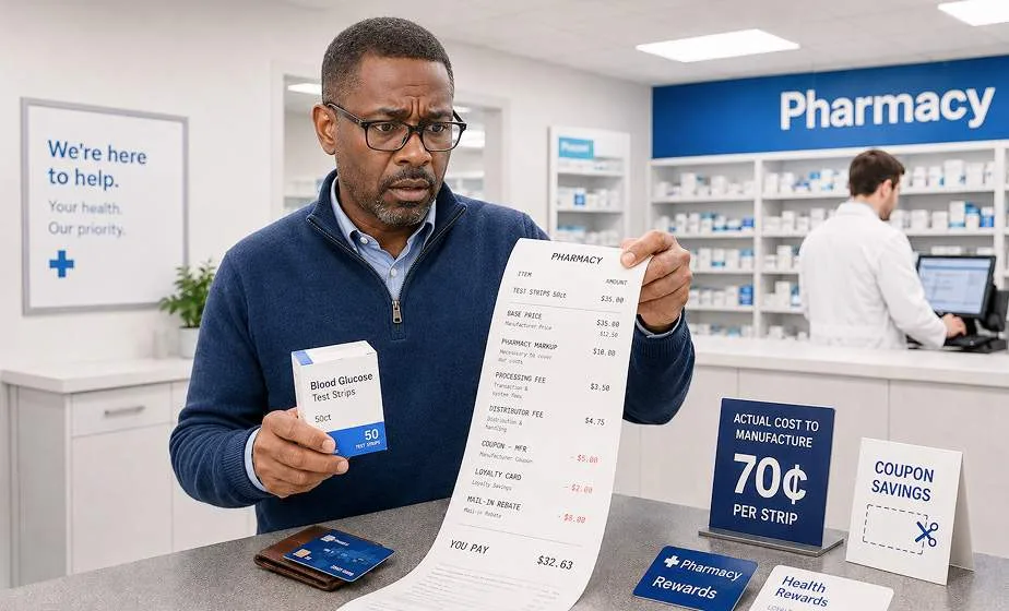 A man at a pharmacy counter reading a long receipt, with a sign showing 70¢ per strip.