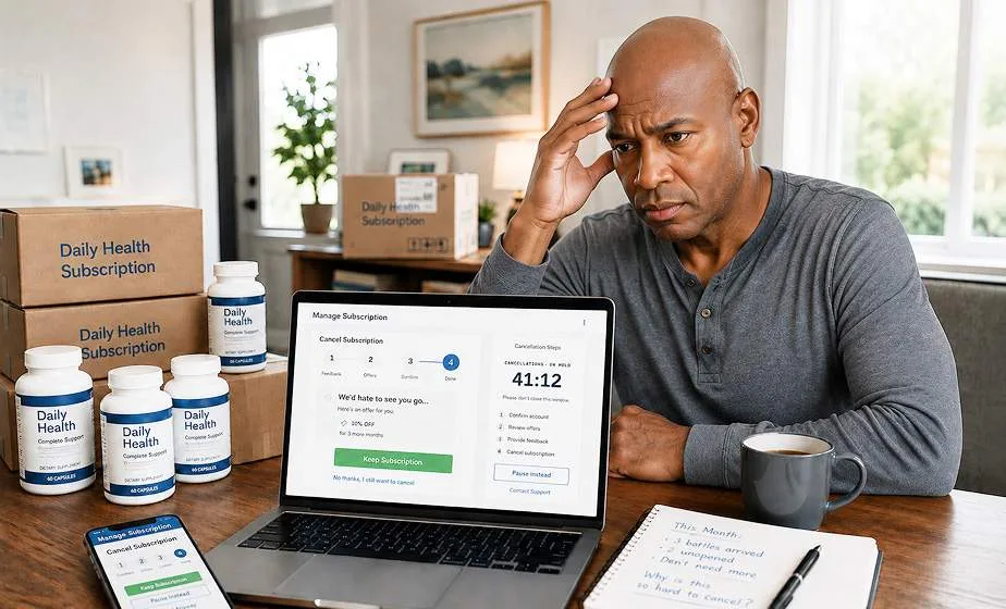 A man at a laptop trying to cancel a supplement subscription, with boxes stacked beside him.
